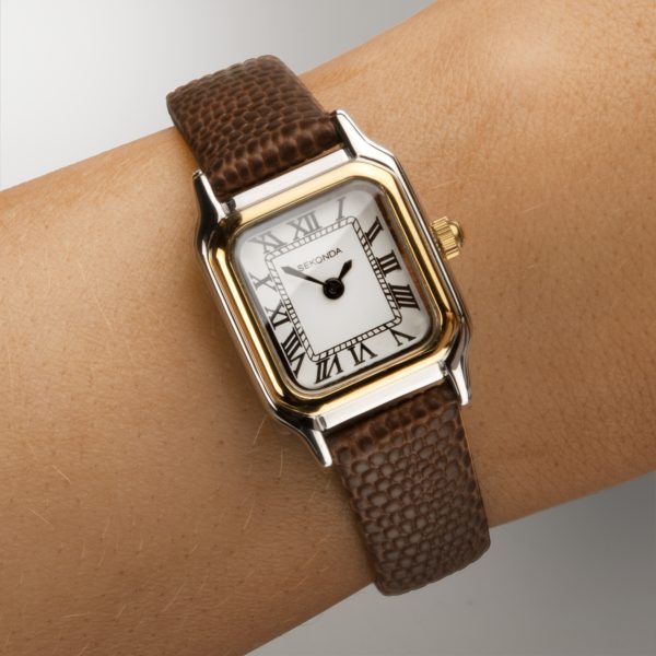 Monica Ladies Watch  –  Two Tone Case & Leather Strap with White Dial 2