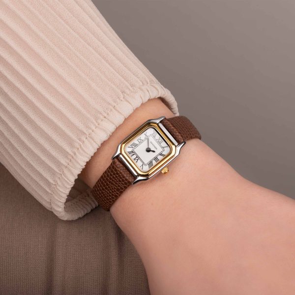Monica Ladies Watch  –  Two Tone Case & Leather Strap with White Dial 5