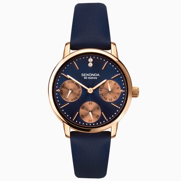 Classic Ladies Watch  –  Rose Gold Case & PU Strap with Blue Dial