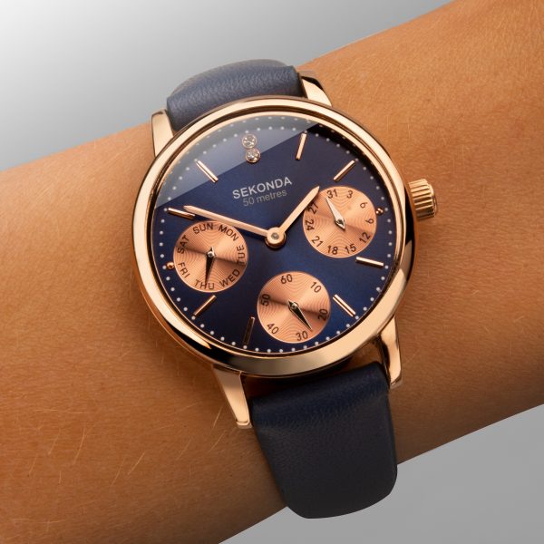 Classic Ladies Watch  –  Rose Gold Case & PU Strap with Blue Dial 5