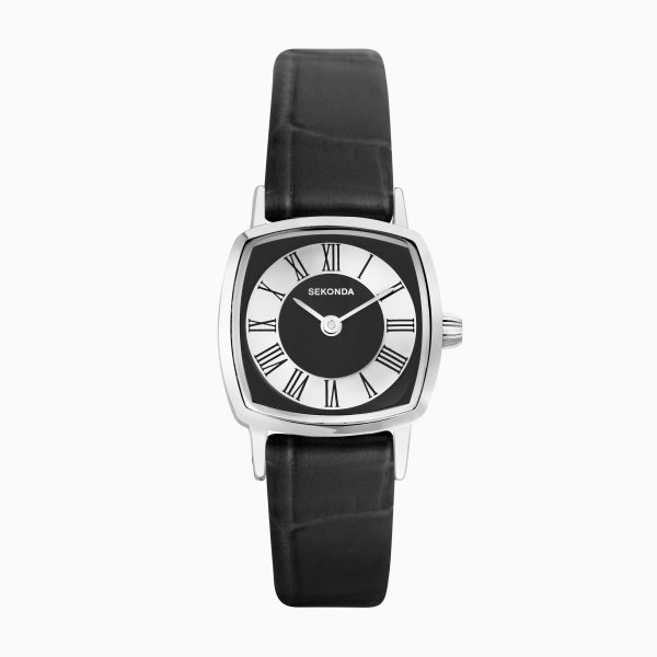 1970s Ladies Watch  –  Silver Case & Black Leather Strap with Black Dial