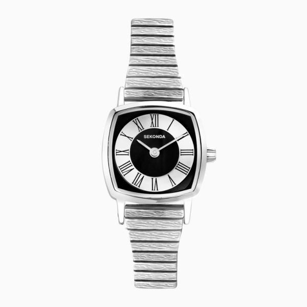1970s Ladies Watch  –  Silver Case & Bracelet with Black Dial