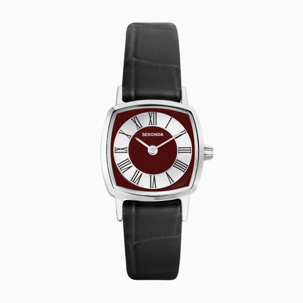 1970s Ladies Watch  –  Silver Case & Black Leather Strap with Red Dial