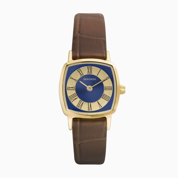 1970s Ladies Watch  –  Gold Case & Brown Leather Strap with Blue Dial
