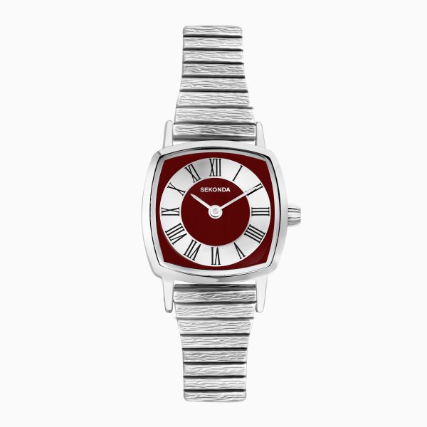 1970s Ladies Watch  –  Silver Case & Bracelet with Red Dial