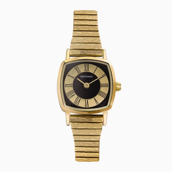 1970s Ladies Watch  –  Gold Case & Bracelet with Black Dial