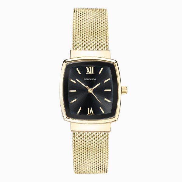 Classic Ladies Watch  –  Gold Case & Mesh Bracelet with Black Dial