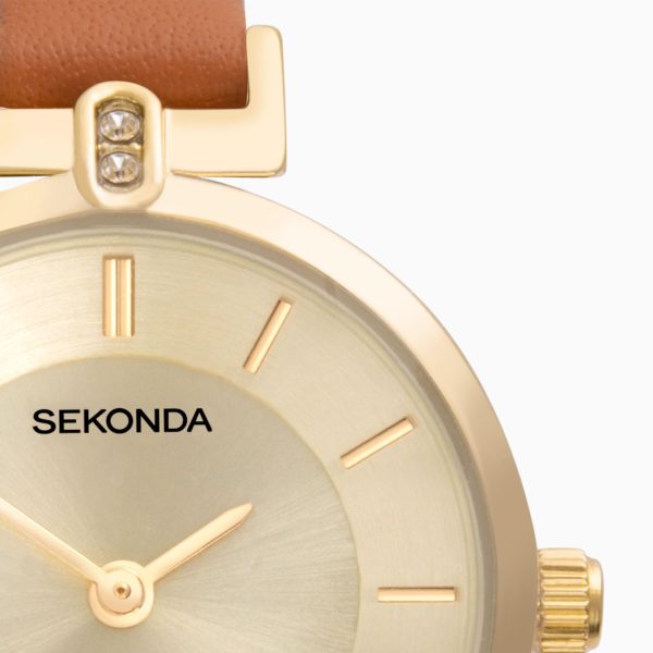 Ladies Watch  –  Gold case & Tan Leather Strap with Champagne Dial 4