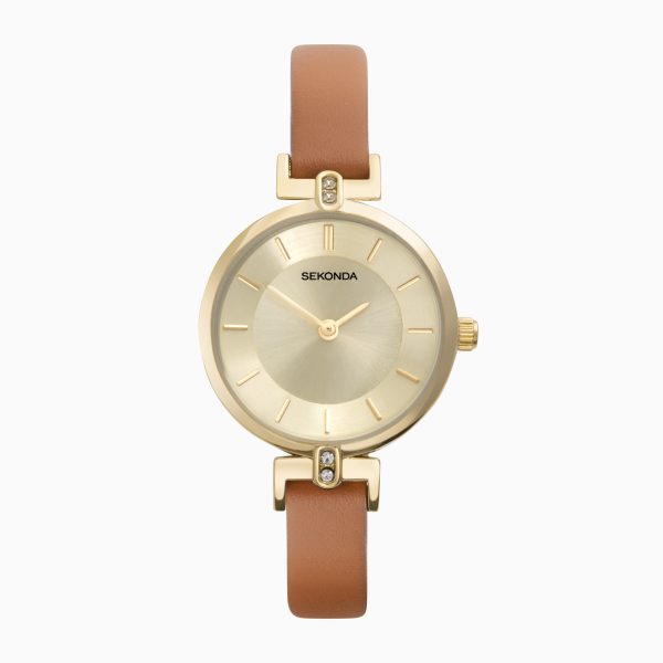 Ladies Watch  –  Gold case & Tan Leather Strap with Champagne Dial