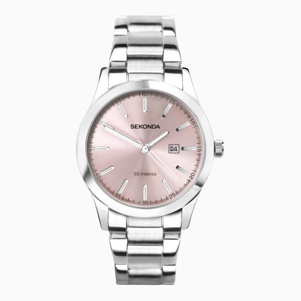 Taylor Ladies Watch  –  Silver Case & Stainless Steel Bracelet with Pale Pink Dial