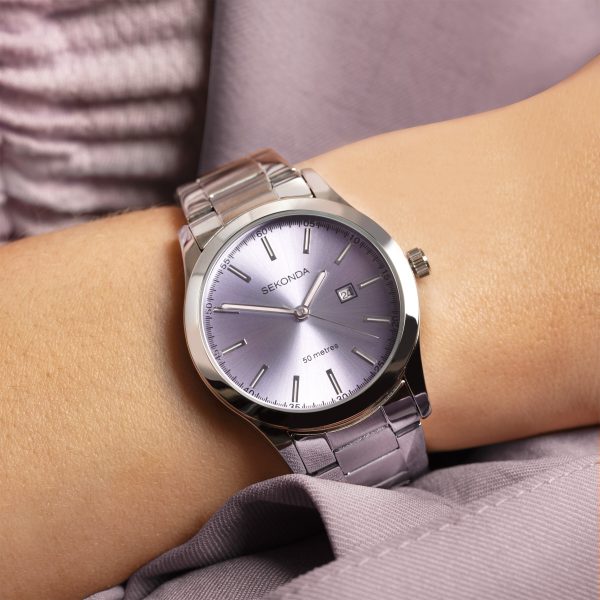 Taylor Ladies Watch  –  Silver Case & Stainless Steel Bracelet with Pale Purple Dial 5
