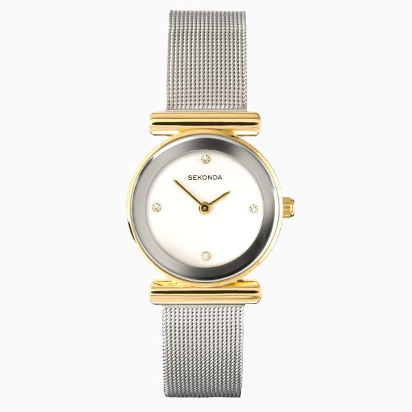 Ava Ladies Watch  –  Gold Alloy Case & Silver Stainless Steel Mesh Bracelet with White Dial