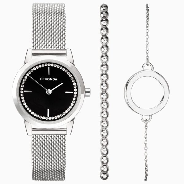 Ladies Gift Set Watch  –  Silver Case & Stainless Steel Mesh Bracelet with Black Dial