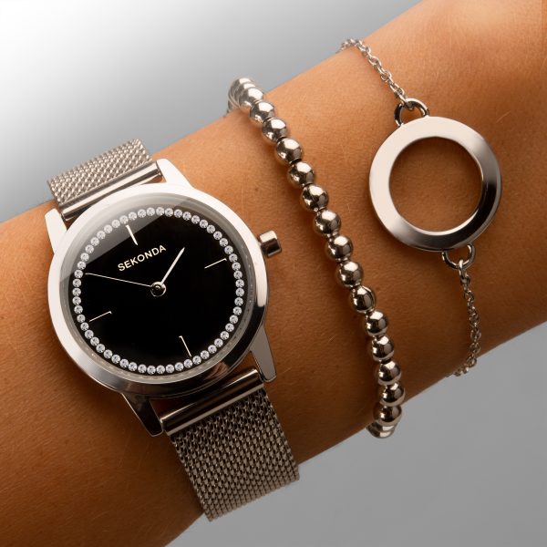 Ladies Gift Set Watch  –  Silver Case & Stainless Steel Mesh Bracelet with Black Dial 5