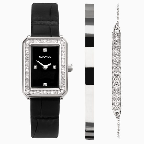 Ladies Gift Set Watch  –  Silver Case & Leather Strap with Black Dial