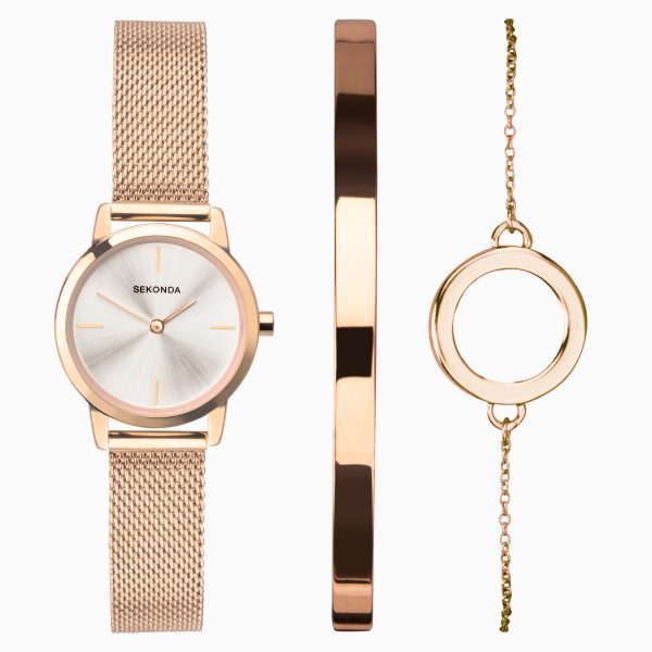 Ladies Gift Set Watch  –  Rose Gold Case & Stainless Steel Mesh Bracelet with Silver Dial