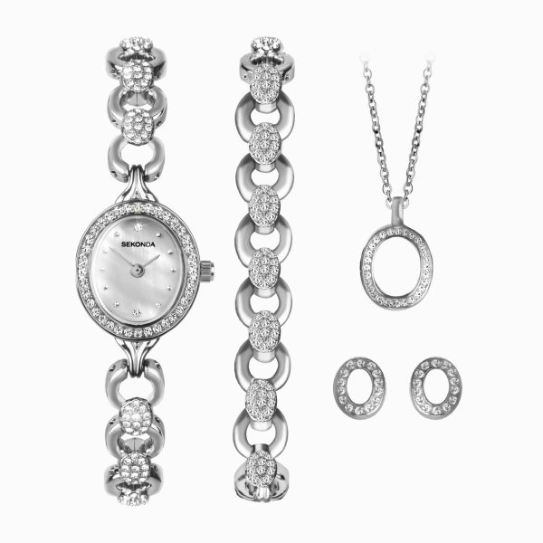 Ladies Watch Gift Set  –  Silver Case & Alloy Bracelet with White Dial