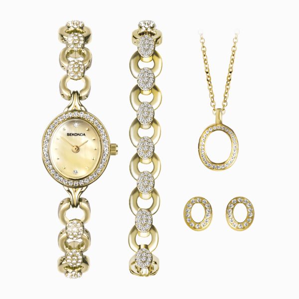 Ladies Watch Gift Set  –  Gold Case & Alloy Bracelet with Champagne Dial