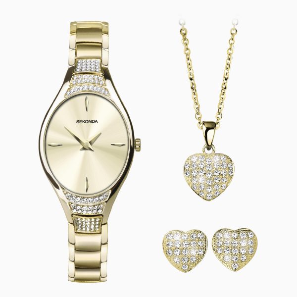 Ladies Watch Gift Set  –  Gold Case & Alloy Bracelet with Champagne Dial