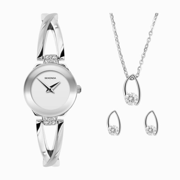 Ladies Dress Watch Gift Set  –  Silver Alloy Case & Bracelet with Silver Dial