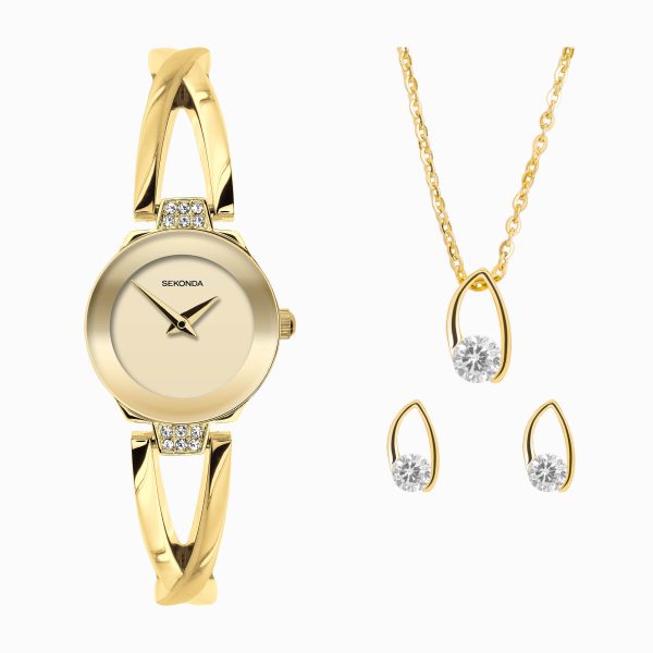 Ladies Dress Watch Gift Set  –  Gold Alloy Case & Bracelet with Champagne Dial
