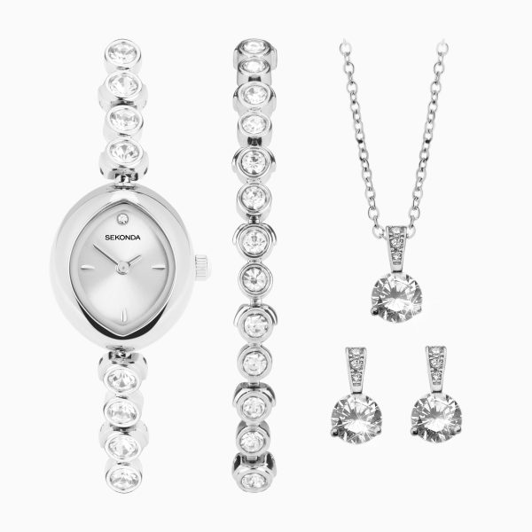 Ladies Dress Watch Gift Set  –  Silver Alloy Case & Bracelet with Silver Dial