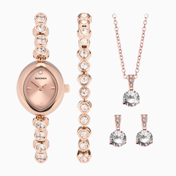 Ladies Dress Watch Gift Set  –  Rose Gold Alloy Case & Bracelet with Rose Dial