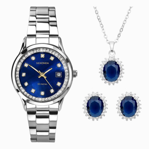 Catherine Ladies Watch Gift Set  –  Silver Alloy Case & Stainless Steel Bracelet with Blue Mother of Pearl Dial