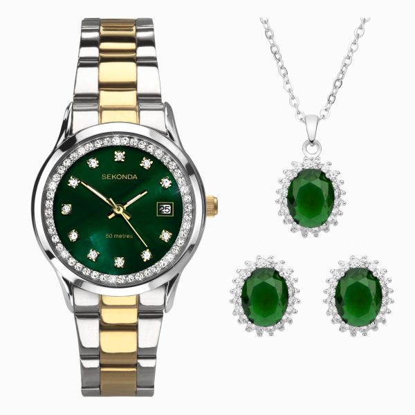 Catherine Ladies Watch Gift Set  –  Silver Alloy Case & Two Tone Stainless Steel Bracelet with Green Mother of Pearl Dial