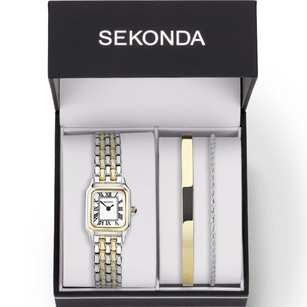 Monica Ladies Watch Gift Set  –  Two Tone Alloy Case & Bracelet with White Dial 2