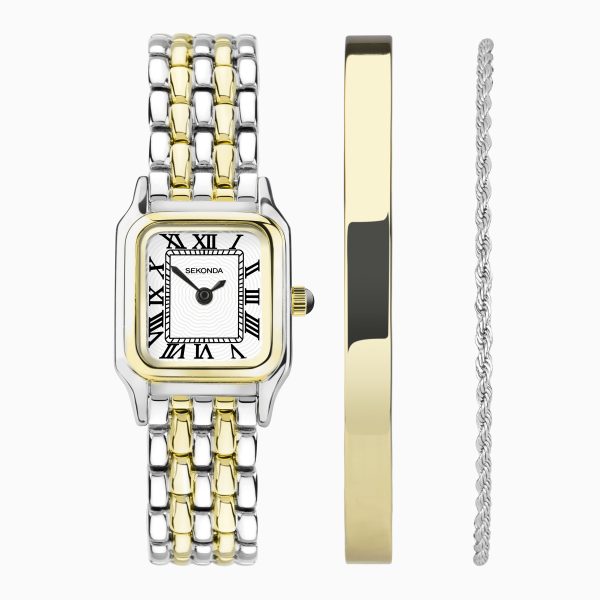 Monica Ladies Watch Gift Set  –  Two Tone Alloy Case & Bracelet with White Dial