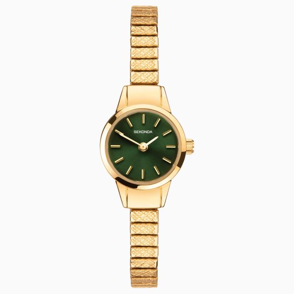 Classic Ladies Watch  –  Gold Alloy Case & Stainless Steel Expander Bracelet with Green Dial