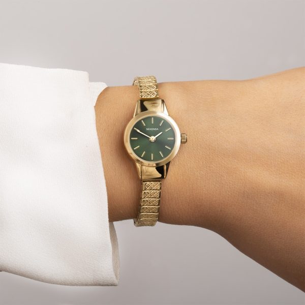 Classic Ladies Watch  –  Gold Alloy Case & Stainless Steel Expander Bracelet with Green Dial 4