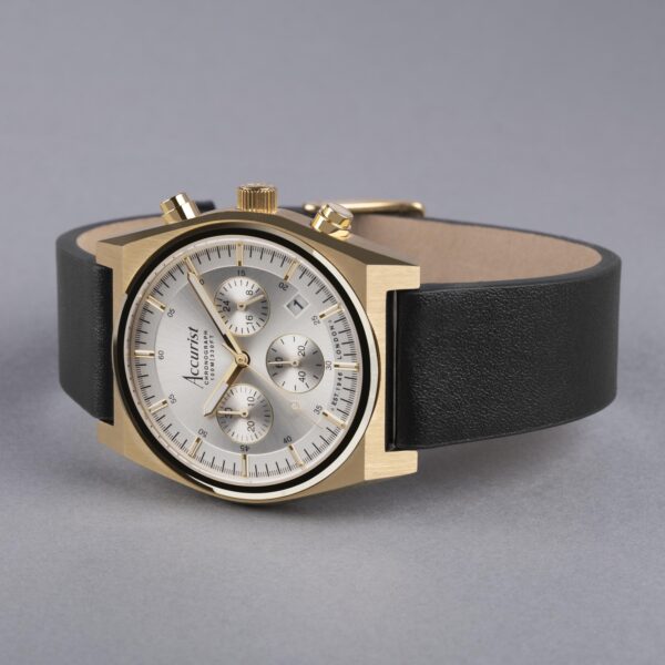 Accurist Origin Men’s Chronograph Watch – Gold Case & Black Leather Strap with Silver Dial 2
