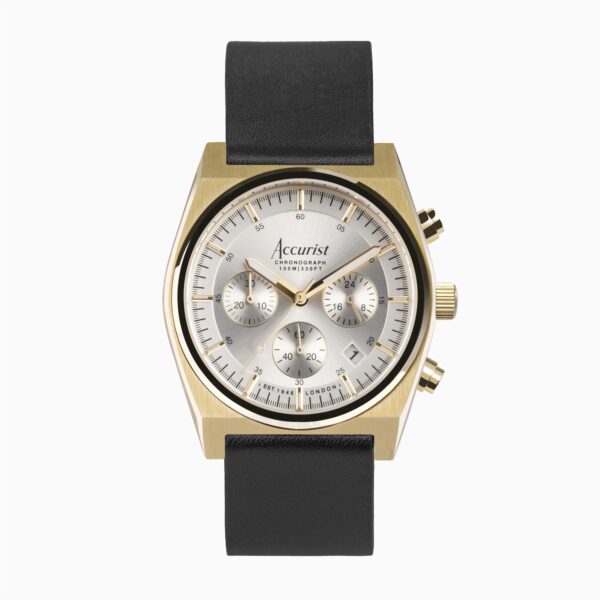 Accurist Origin Men’s Chronograph Watch – Gold Case & Black Leather Strap with Silver Dial