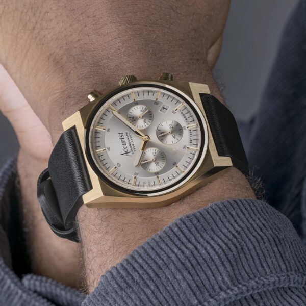 Accurist Origin Men’s Chronograph Watch – Gold Case & Black Leather Strap with Silver Dial 4