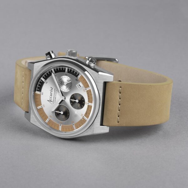 Accurist Origin Men’s Chronograph Watch – Silver Case & Tan Leather Strap with Silver Dial 2