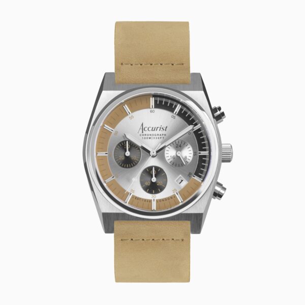 Accurist Origin Men’s Chronograph Watch – Silver Case & Tan Leather Strap with Silver Dial