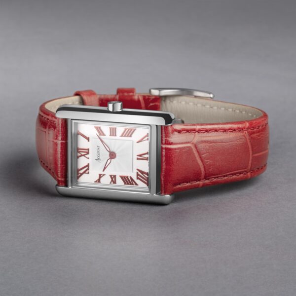 Accurist Rectangle Ladies Watch – Silver Case & Red Leather Strap with White Dial 2