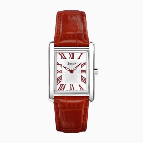 Accurist Rectangle Ladies Watch – Silver Case & Red Leather Strap with White Dial