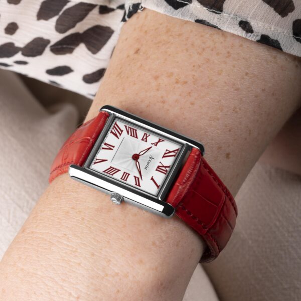 Accurist Rectangle Ladies Watch – Silver Case & Red Leather Strap with White Dial 4
