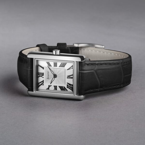Accurist Rectangle Ladies Watch – Silver Case & Black Leather Strap with White Dial 2