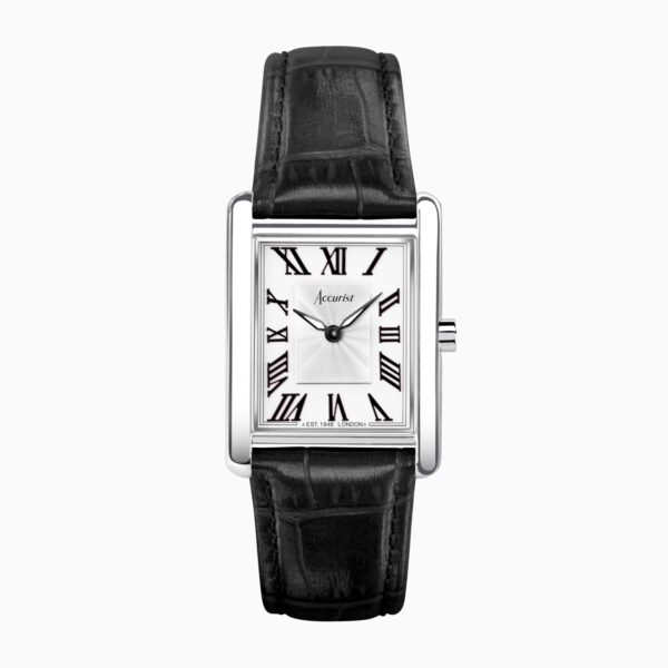 Accurist Rectangle Ladies Watch – Silver Case & Black Leather Strap with White Dial