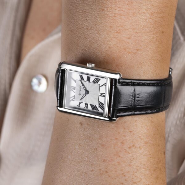 Accurist Rectangle Ladies Watch – Silver Case & Black Leather Strap with White Dial 3