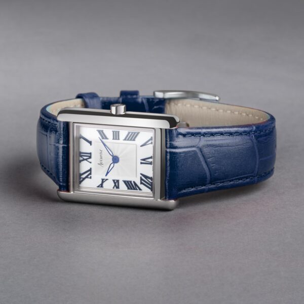 Accurist Rectangle Ladies Watch – Silver Case & Blue Leather Strap with White Dial 2