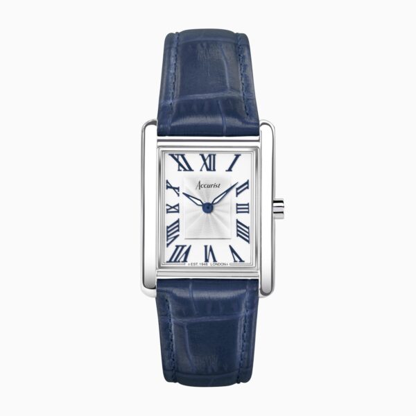 Accurist Rectangle Ladies Watch – Silver Case & Blue Leather Strap with White Dial