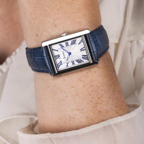 Accurist Rectangle Ladies Watch – Silver Case & Blue Leather Strap with White Dial 4