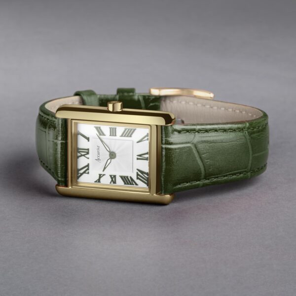 Accurist Rectangle Ladies Watch – Gold Case & Green Leather Strap with White Dial 2
