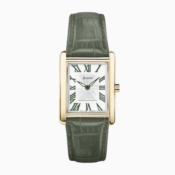 Accurist Rectangle Ladies Watch – Gold Case & Green Leather Strap with White Dial