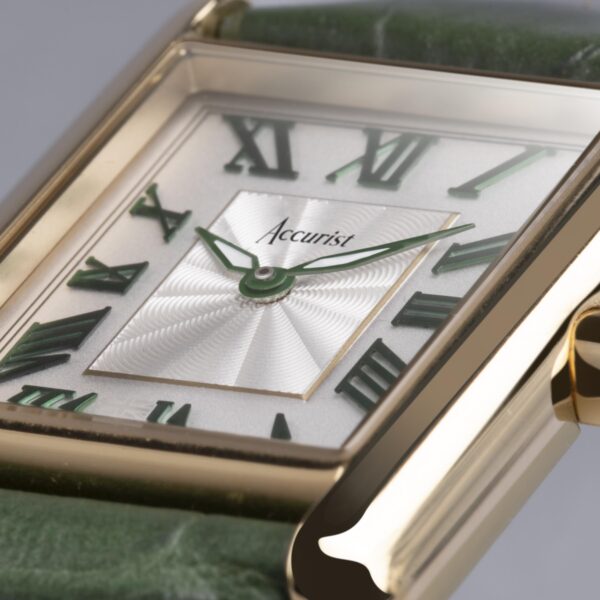 Accurist Rectangle Ladies Watch – Gold Case & Green Leather Strap with White Dial 9